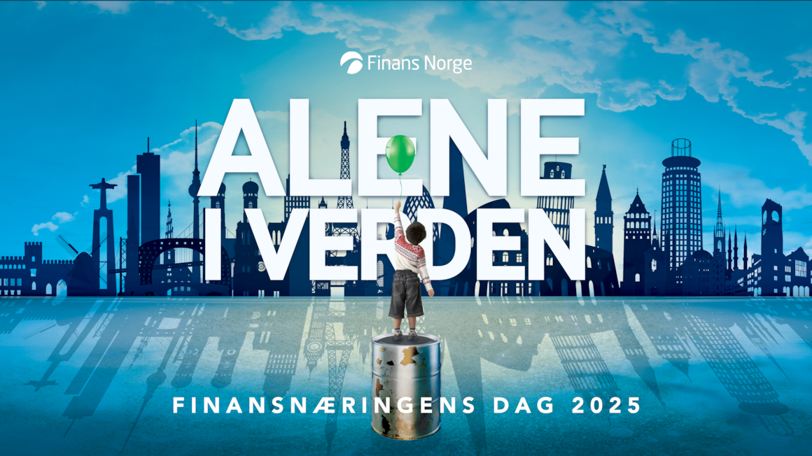 Et skyline av ulike monumenter fra diverse byer i Europa. En gutt står på et oljefat med en grønn ballong i håndet. Alene i verden er tekst som er fremhevet over bildet. Banner for Finansnæringens dag 2025. Illustrasjon.