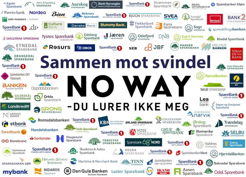 Alle banker i Norge samlet i et og samme bilde i forbindelse med kampanjen "No Way - du lurer ikke meg". Foto.